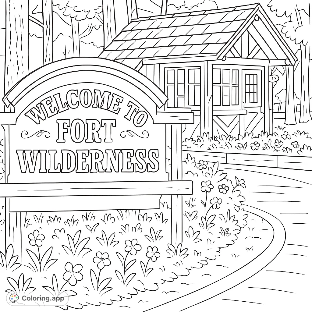 Welcome to Fort Wilderness! Color this charming scene featuring a rustic welcome sign, a cozy cabin, and lush natural surroundings.