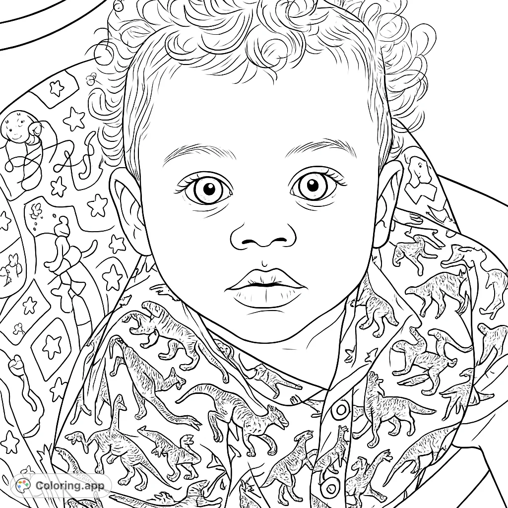 A heartwarming baby portrait coloring page featuring an adorable infant with curly hair and a patterned shirt, perfect for creative expression.