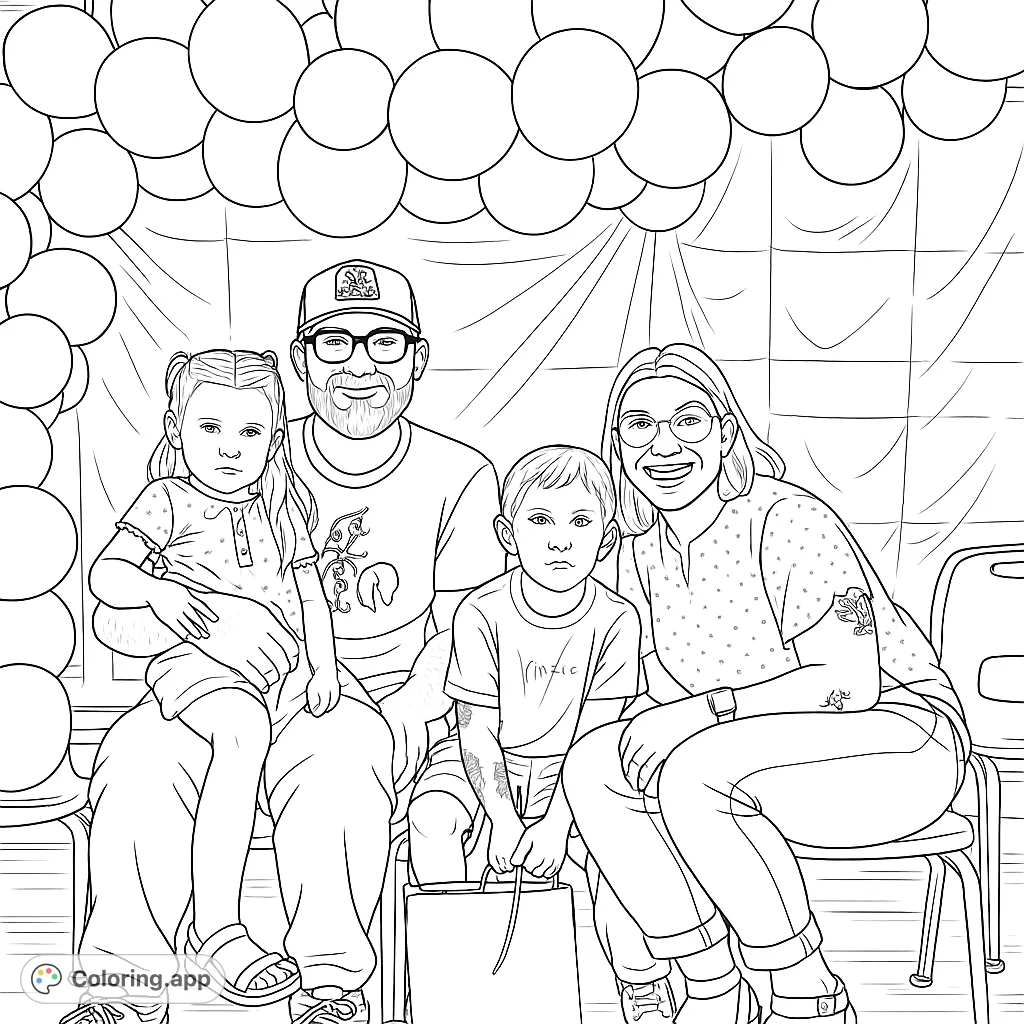 Capture a heartwarming family moment with this portrait featuring two adults and two children, surrounded by festive balloons. Perfect for celebrating special occasions.