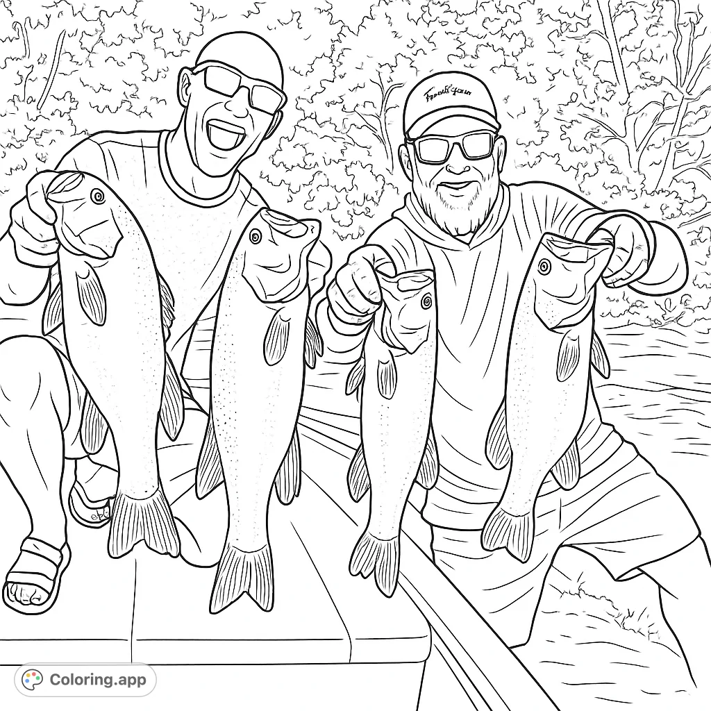 Two happy anglers proudly display their impressive catch of four large fish from a boat, with a natural shoreline background.