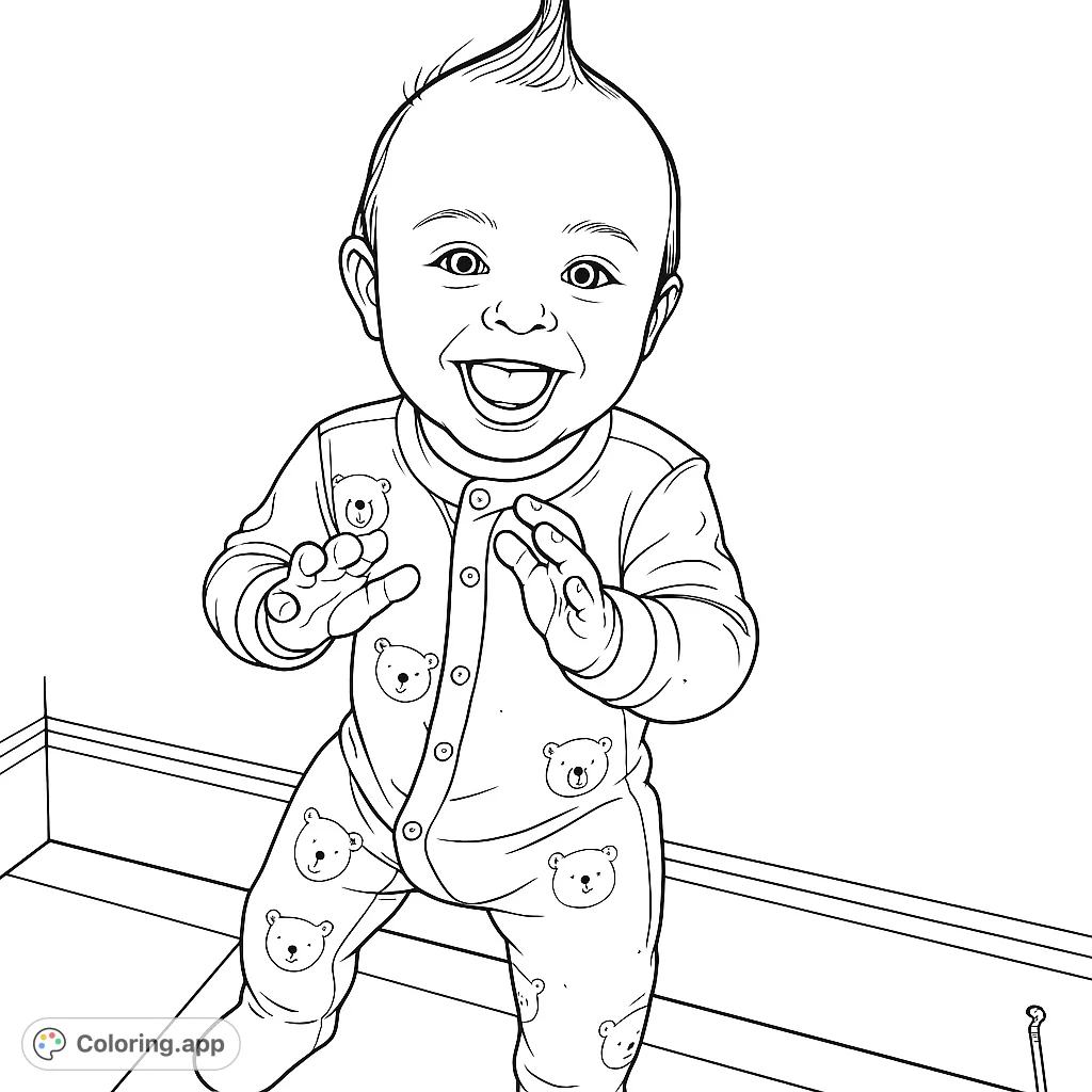 Capture pure joy with this happy baby coloring page! Features a smiling infant with a playful spiky hairstyle and a cute patterned sleeper.