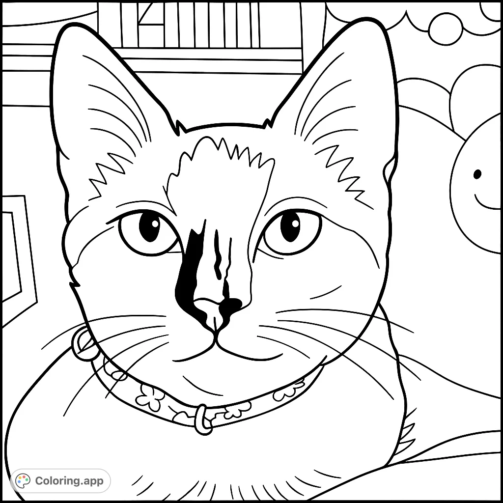 An adorable cat face portrait coloring page, perfect for animal lovers. Features distinct facial markings, expressive eyes, and a charming collar.