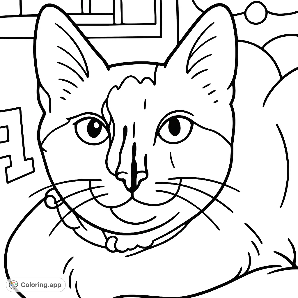 A charming cat portrait coloring page featuring a feline with unique facial markings and a patterned collar, perfect for animal lovers.