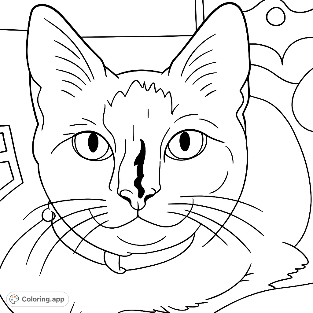 Discover a charming cat coloring page, perfect for all ages. Featuring a delightful feline with unique facial markings and a collar, ready for your creative touch.