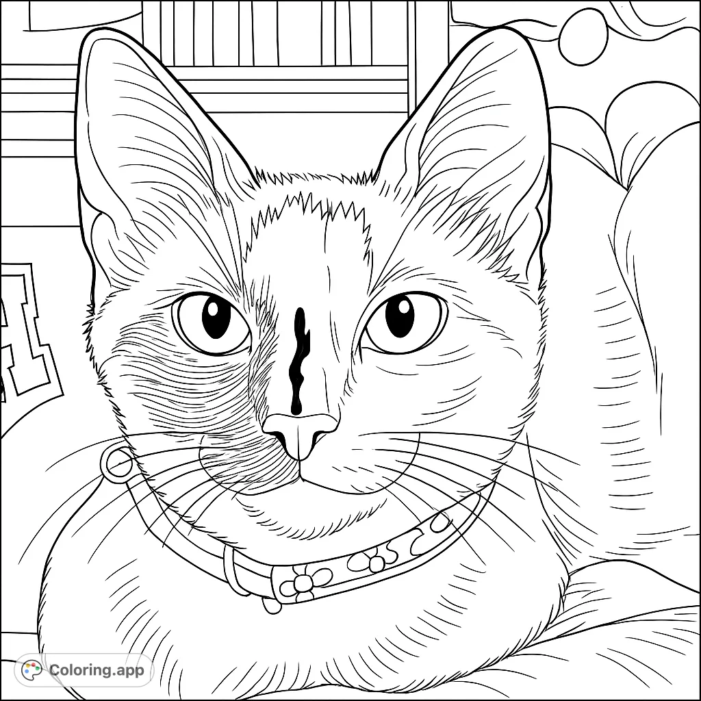A captivating cat portrait coloring page featuring a striking feline with unique facial markings and a charming bell collar. Perfect for animal lovers!