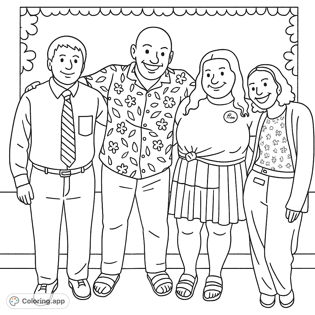 A cheerful group portrait coloring page featuring four smiling individuals. Perfect for adding your own vibrant colors to their outfits and the decorative background.