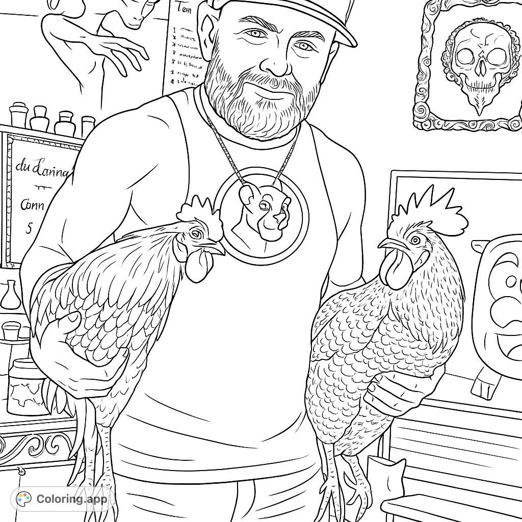 A unique coloring page featuring a bearded man holding two detailed roosters, set against a quirky background with an alien and skull art. Perfect for animal and character enthusiasts.