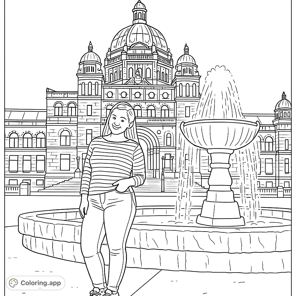 Color a majestic architectural landmark with intricate details, a beautiful fountain, and a person in the foreground. Perfect for detailed coloring.