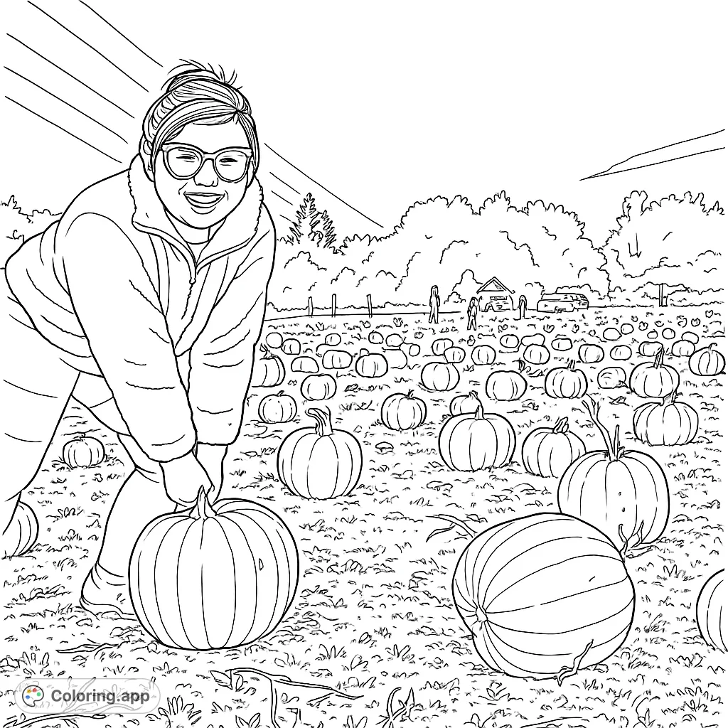 Explore a vibrant pumpkin patch scene with a person selecting a large pumpkin. A delightful autumn harvest coloring page for all ages.