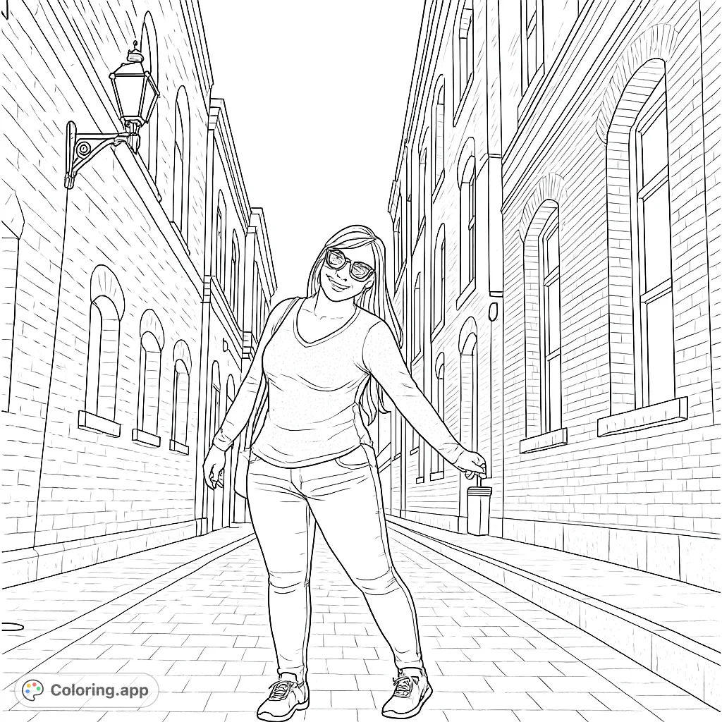 Explore a charming urban alleyway featuring a person amidst historic buildings. This detailed coloring page offers intricate architectural elements and a serene street scene.