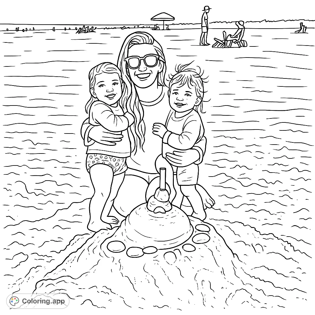A heartwarming beach scene featuring a mother and two children with their sandcastle. Perfect for a relaxing summer coloring activity.