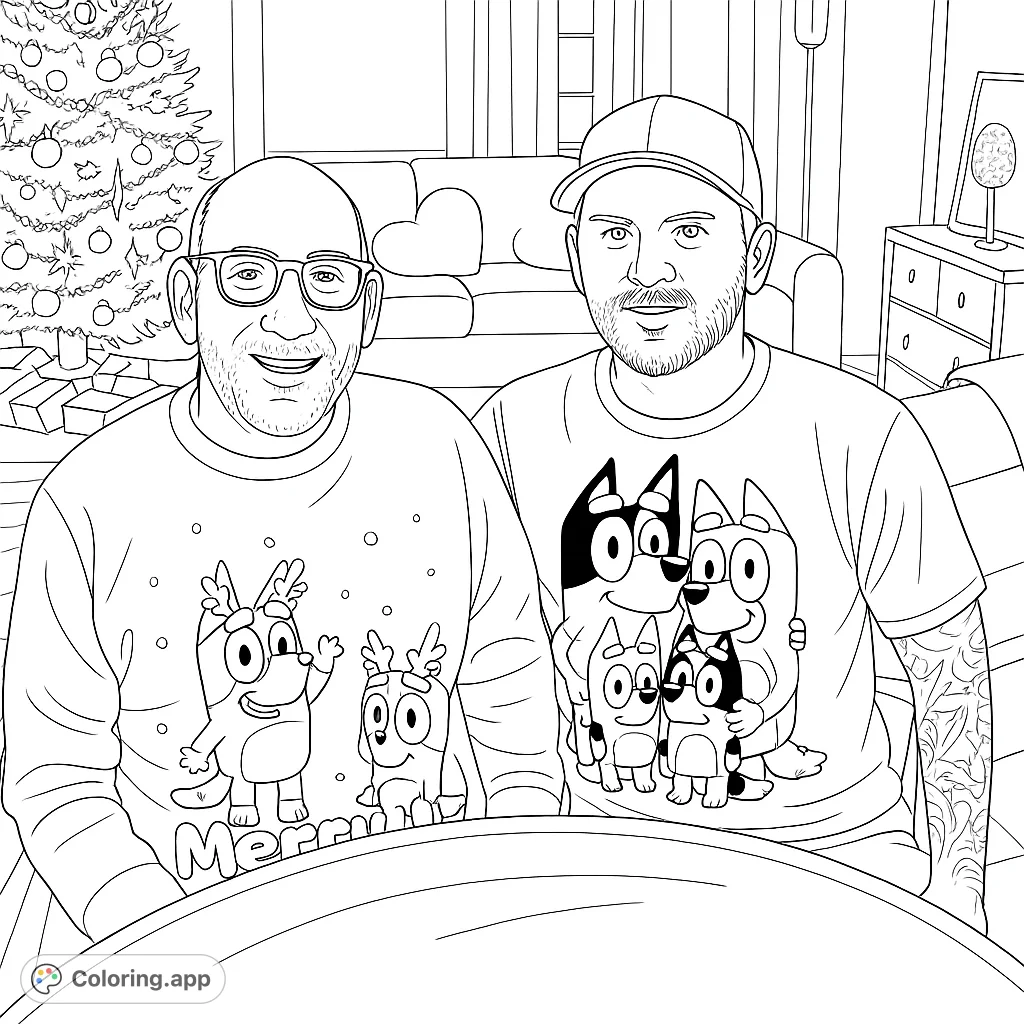 A fun holiday-themed coloring page featuring two individuals wearing tops with popular cartoon dog characters, set against a festive background.
