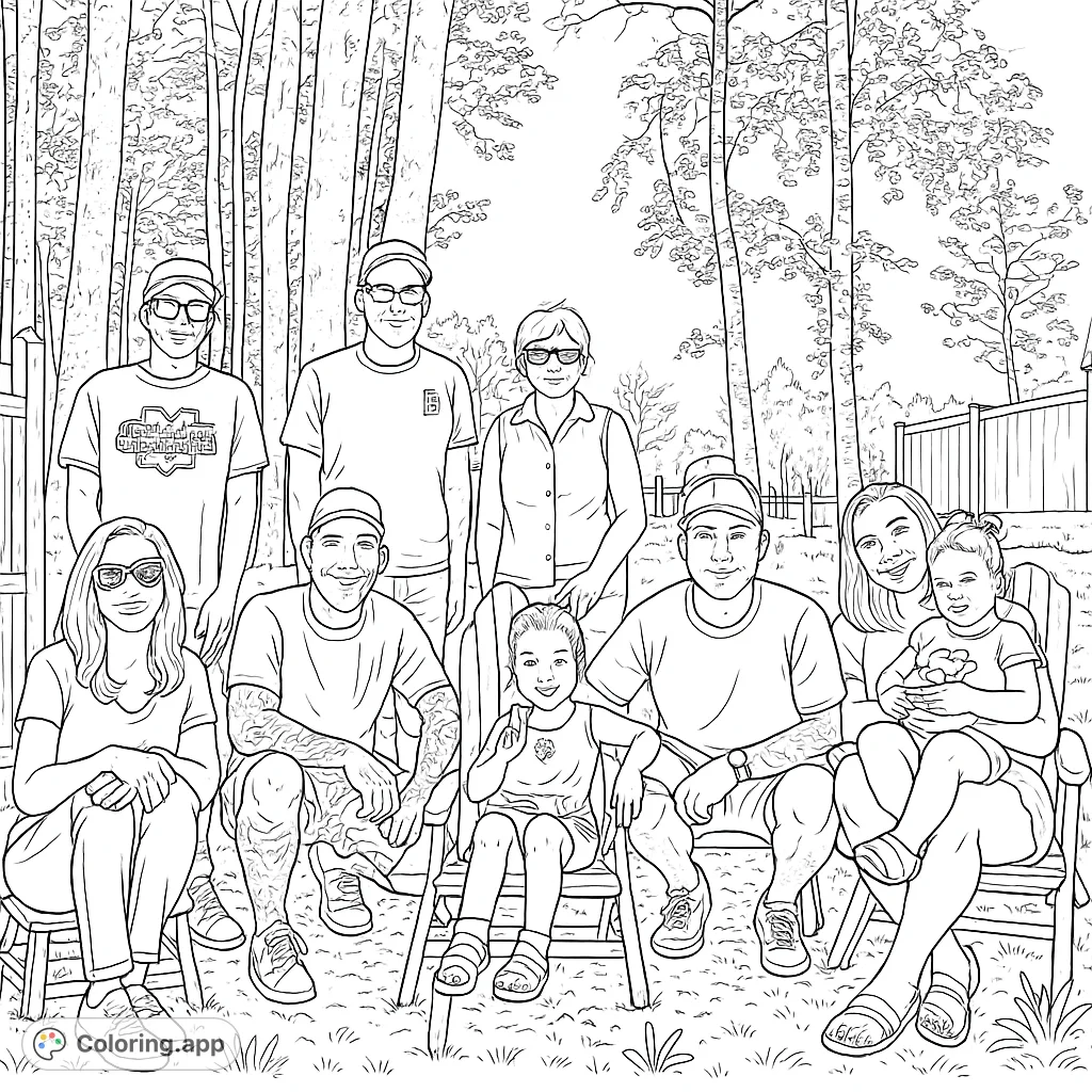 A heartwarming outdoor family gathering featuring adults, children, and a baby, set against a backdrop of trees and a fence. Perfect for all ages.
