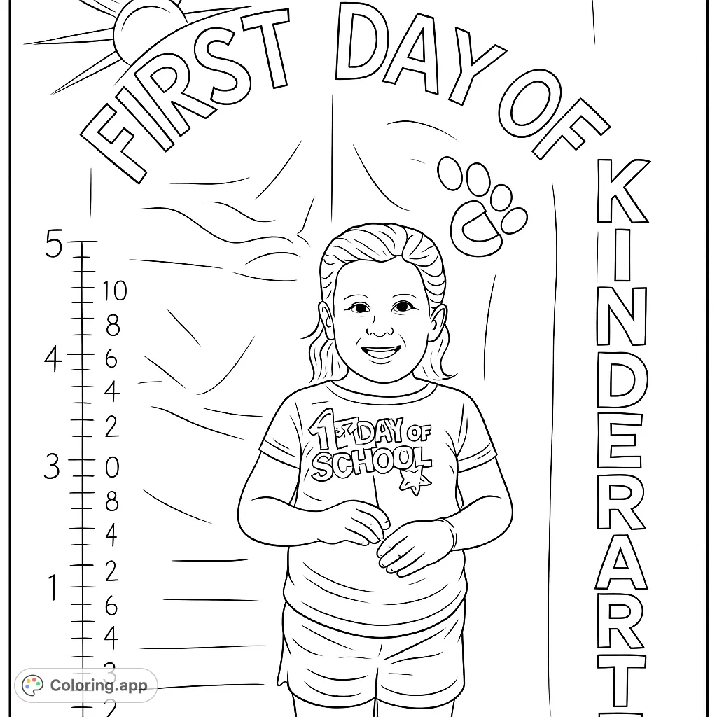 Celebrate a special milestone with this First Day of Kindergarten coloring page, featuring a happy student and a fun school-themed banner.