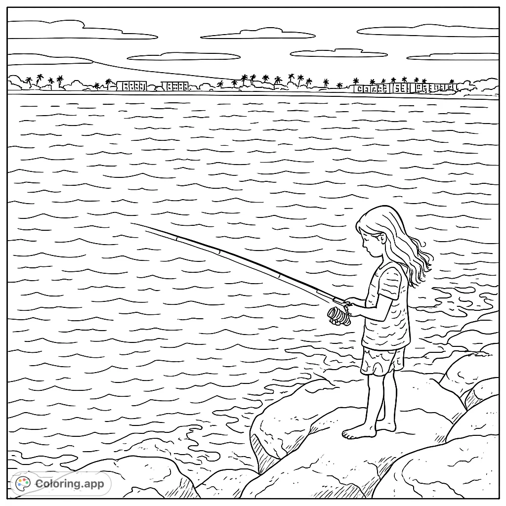 A serene fishing scene featuring a person on a rocky shore, casting a line into the vast ocean with a distant coastal town. Perfect for a relaxing coloring experience.