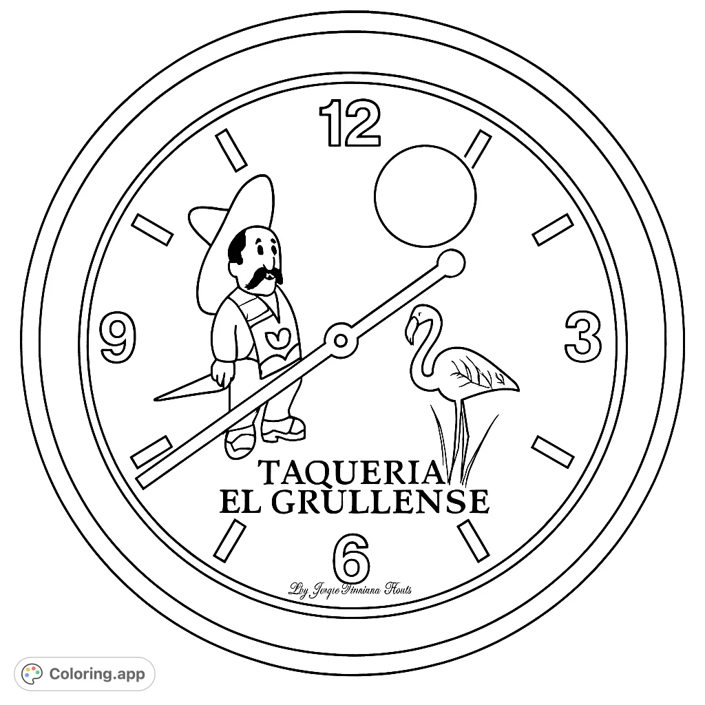 A unique taqueria clock featuring a charming character, a graceful flamingo, and bold text, perfect for a fun and detailed coloring experience.