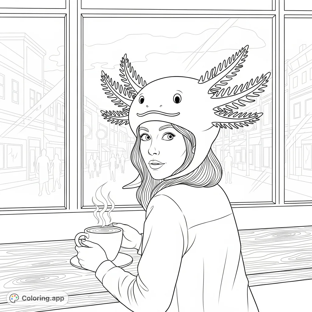A woman in a whimsical axolotl hat sips from a steaming mug at a cozy cafe, glancing curiously at the bustling street outside.