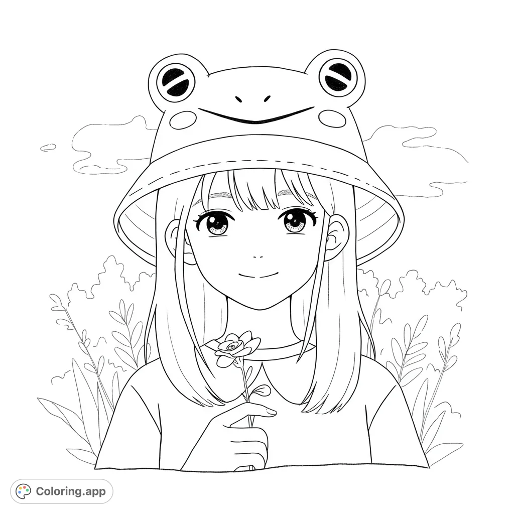 A charming girl wearing a whimsical frog bucket hat, holding a delicate flower. Perfect for a fun and creative coloring experience.