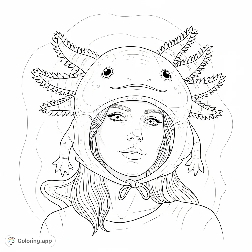 A serene woman wears a whimsical axolotl-shaped hat with frilly gills, her hair cascading gently. A charming portrait for creative coloring.
