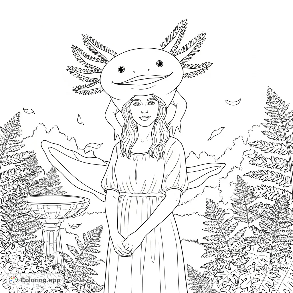A woman in a whimsical axolotl hat stands in a serene garden, surrounded by ferns and a hidden bird bath, perfect for a relaxing coloring experience.