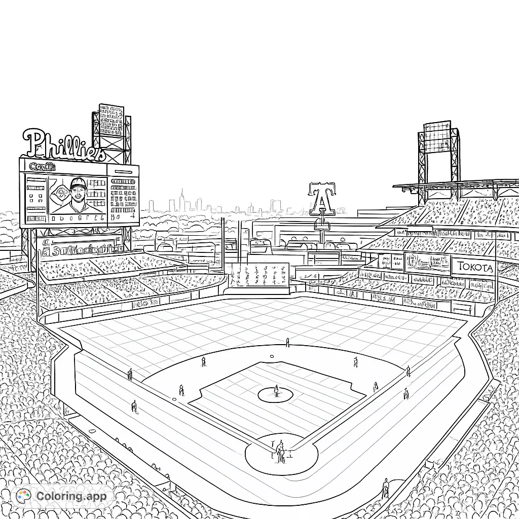 Experience the thrill of a baseball game from above! This detailed stadium coloring page features a packed crowd, a vast field, and a city skyline.