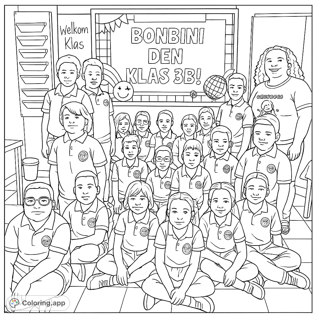 A lively classroom scene featuring a group of smiling students and their teacher, ready for a fun coloring adventure. Perfect for school-themed activities.