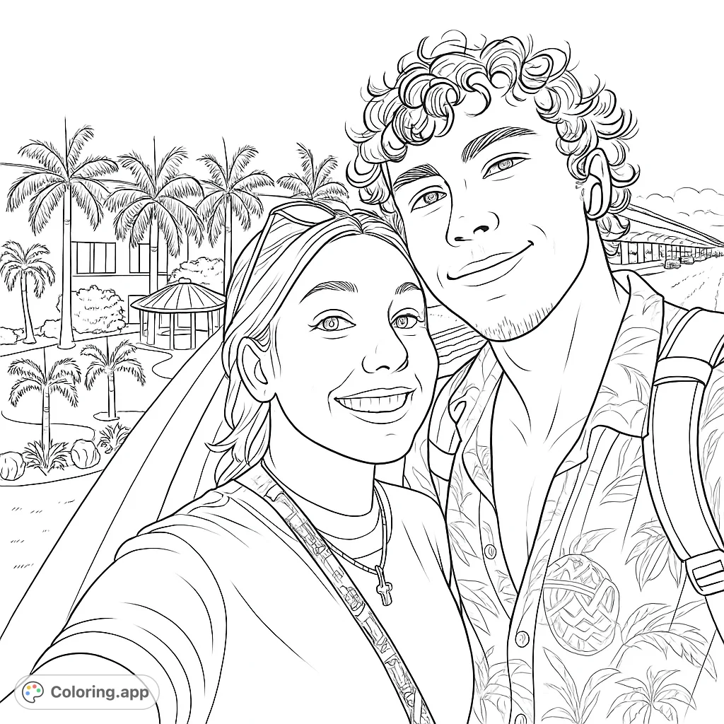 A smiling couple captures a moment at a tropical airport, blending travel excitement with lush scenery. Perfect for a travel-themed coloring page.