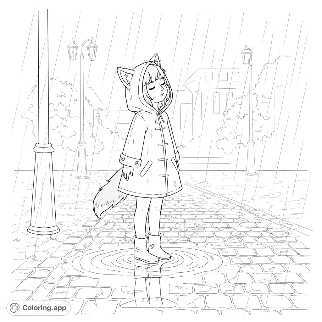 A whimsical scene of a young girl with wolf ears and a fluffy tail enjoying a gentle rain shower on a cobblestone street, with shimmering reflections.
