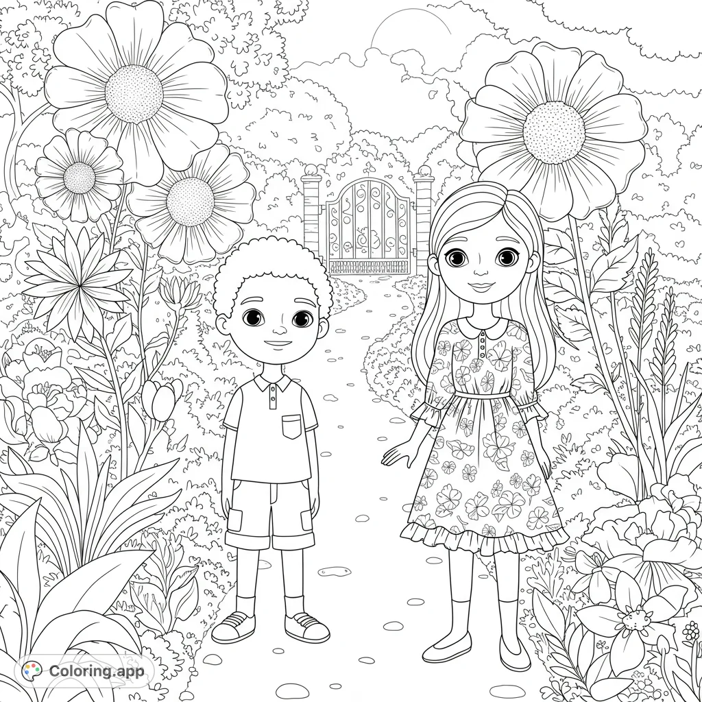 Discover Enzo and Krystle in a charming garden, surrounded by whimsical flowers and a winding path. A delightful scene for creative coloring.