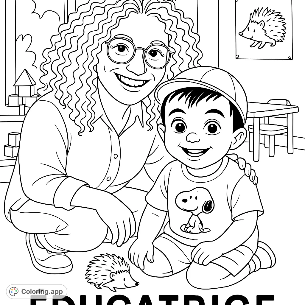A heartwarming scene of an educator and a child in a playful classroom setting, perfect for a happy coloring experience.