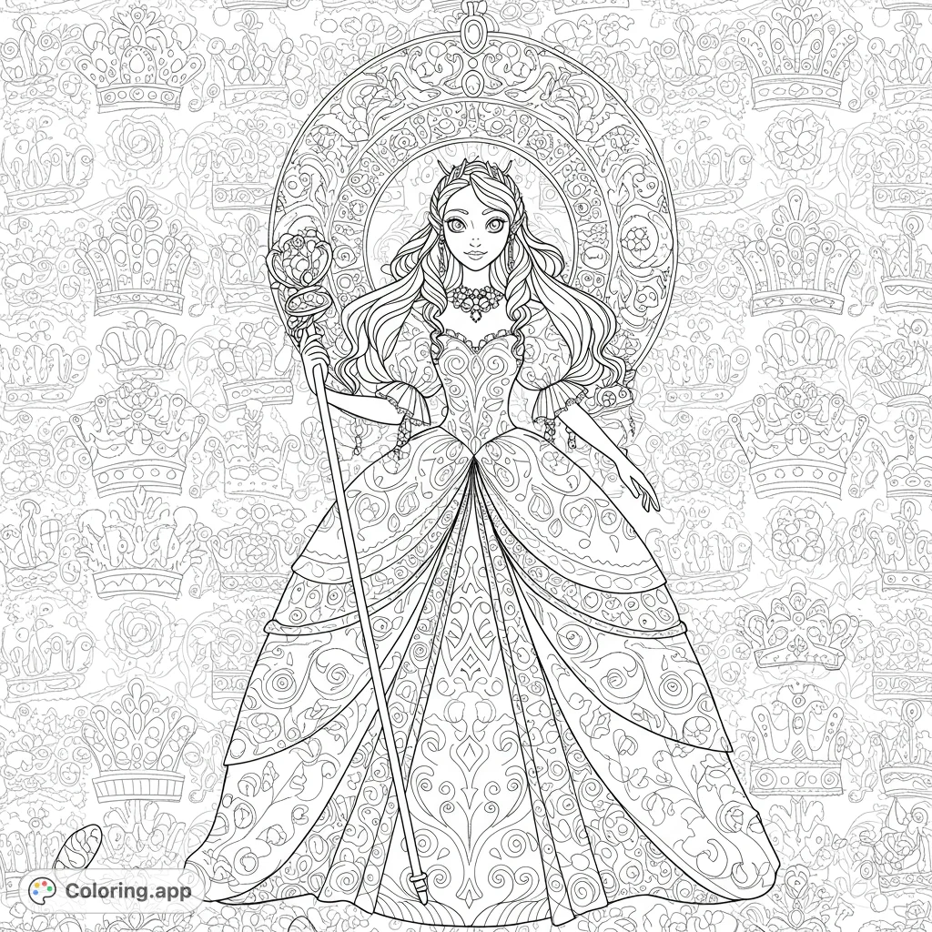 An intricate Bella Hoyer coloring page featuring a regal figure against a detailed backdrop of diverse crowns. Perfect for fans of royalty and complex patterns.