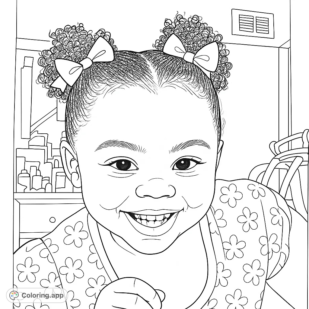 A delightful coloring page featuring a happy child with curly pigtails and bows, smiling brightly. Perfect for young artists to bring to life.