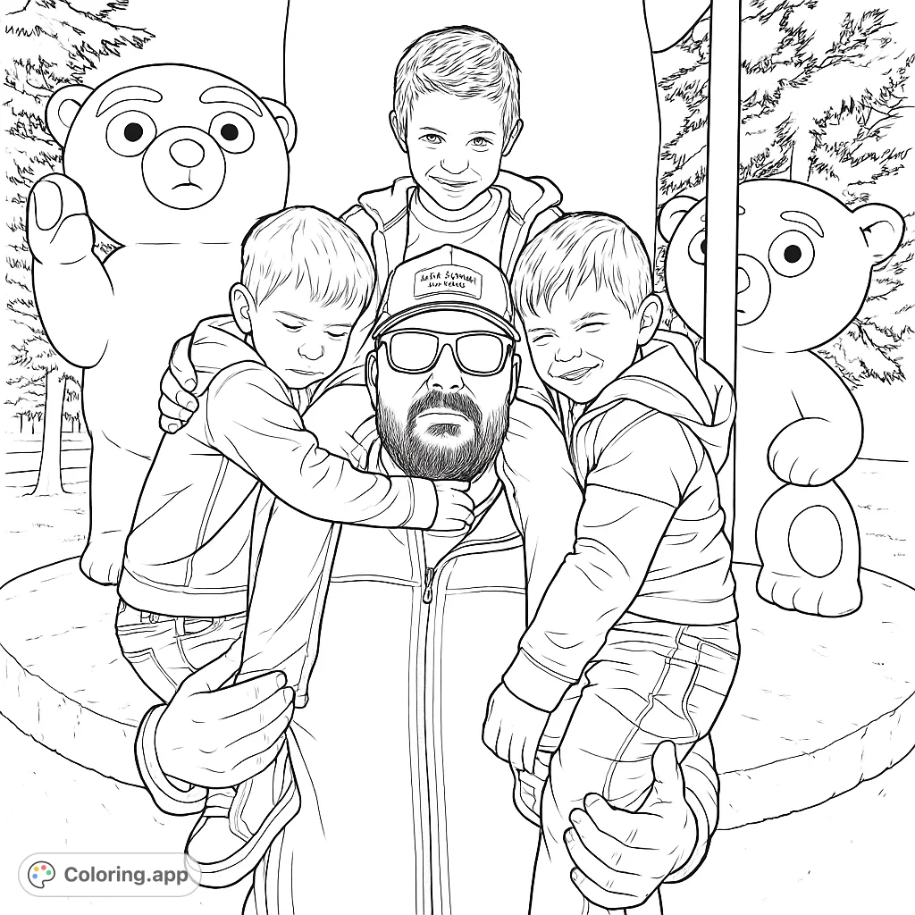 A heartwarming family moment with a father and three boys posing with iconic forest bear statues, perfect for a fun outdoor adventure coloring page.