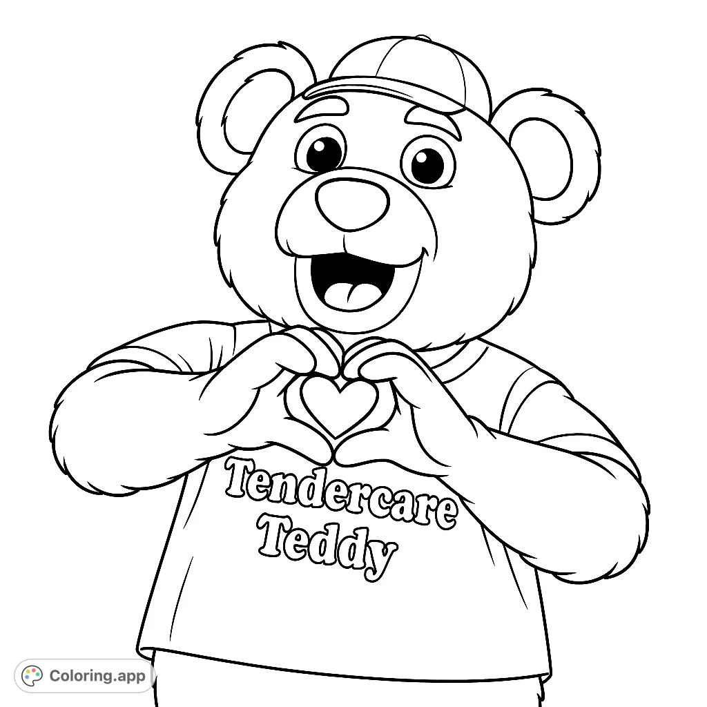 Color a cheerful teddy bear mascot wearing a cap and shirt, forming a heart with its hands. A delightful and friendly character for all ages.