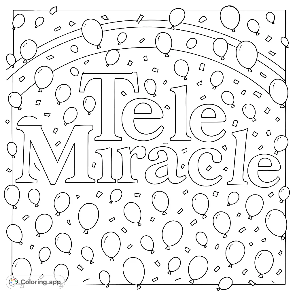 Celebrate with this Tele Miracle coloring page featuring bold text, floating balloons, and falling confetti. A festive scene for all ages.
