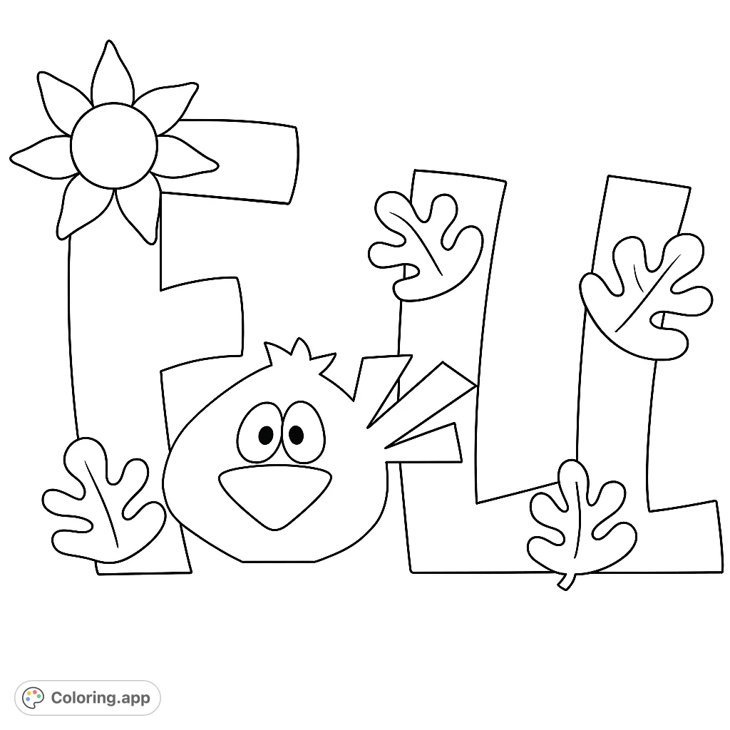 Celebrate the autumn season with this charming Fall word art coloring page, featuring a playful bird and decorative leaves and a sunflower.