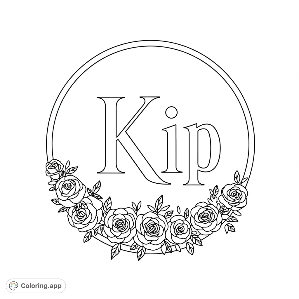 A unique coloring page featuring a bold 'K' within a circle, accompanied by 'ip'. Perfect for personalizing or practicing letter coloring.