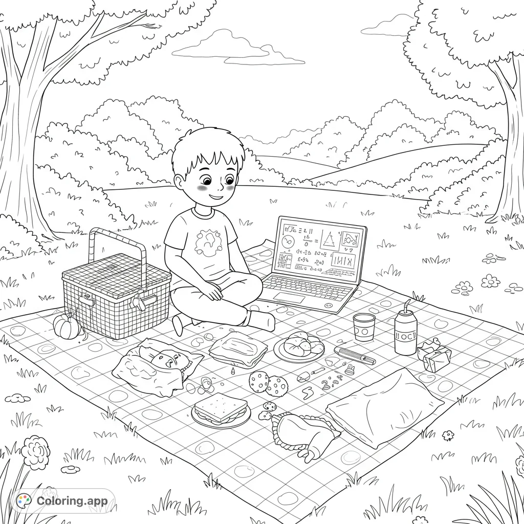 A child enjoys a picnic in the park with a laptop displaying math homework. A charming scene combining outdoor fun with a touch of learning.