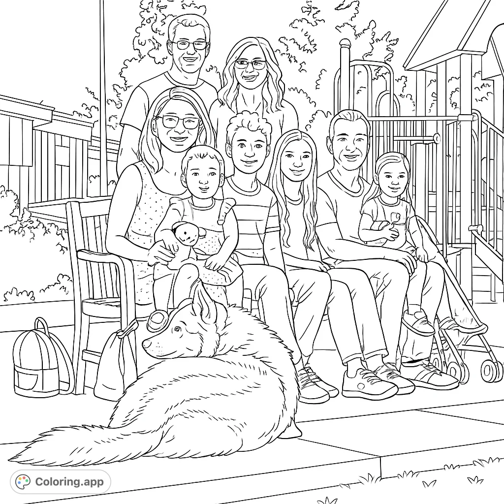 A heartwarming family gathering at a park, featuring adults, children, and a beloved pet dog, set against a playground backdrop. Perfect for all ages.