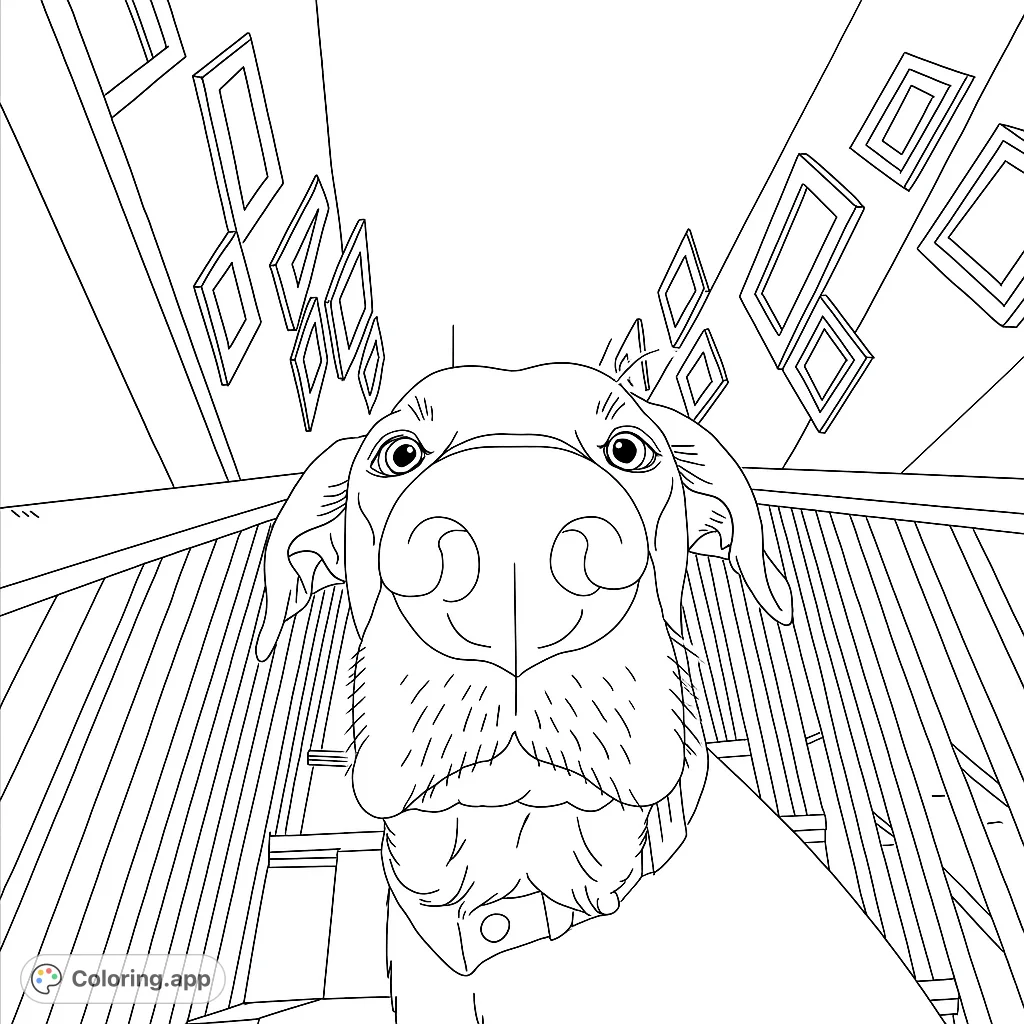 A charming close-up of a dog's face from a unique low angle, featuring a prominent nose and curious eyes, set against a home staircase.