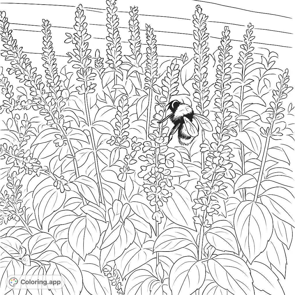 A charming nature scene featuring a fuzzy bumblebee amidst tall, spiky garden flowers and lush foliage, perfect for a relaxing coloring experience.
