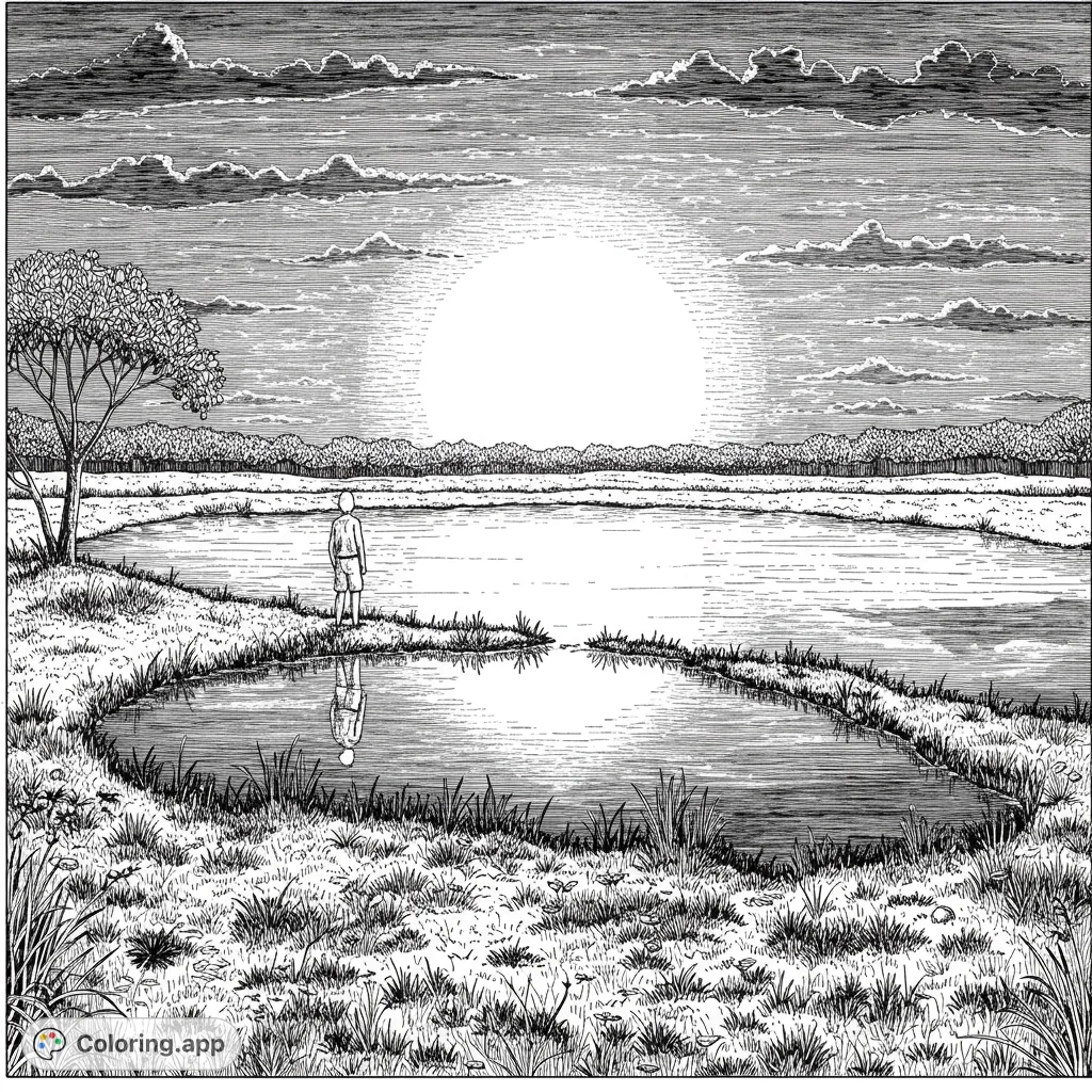 Discover a serene cultural landscape featuring a lone figure by a billabong at dawn, perfect for mindful coloring and artistic expression.