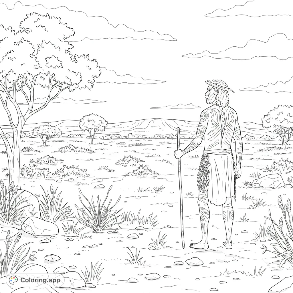 An Indigenous Australian man in traditional attire with body paintings begins a journey on an outback trail, capturing the spirit of the ancient land.