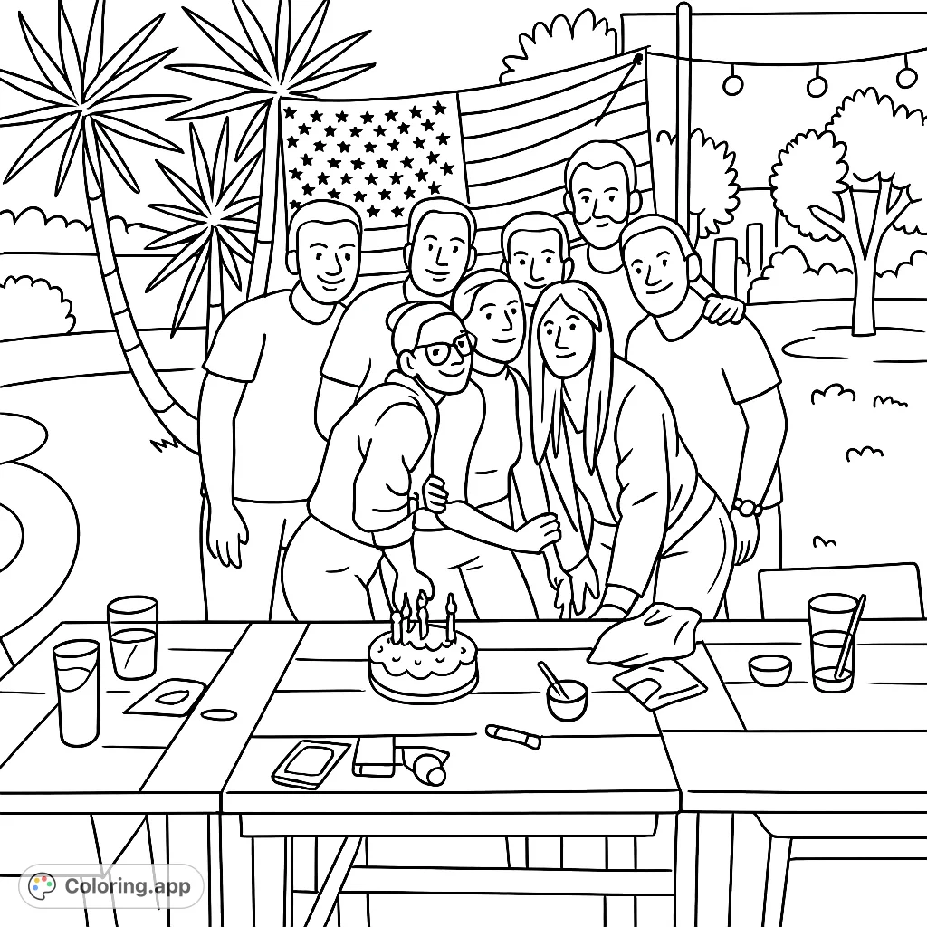 Celebrate friendship with this group celebration coloring page, featuring friends, a cake, and a flag. Perfect for joyful moments!