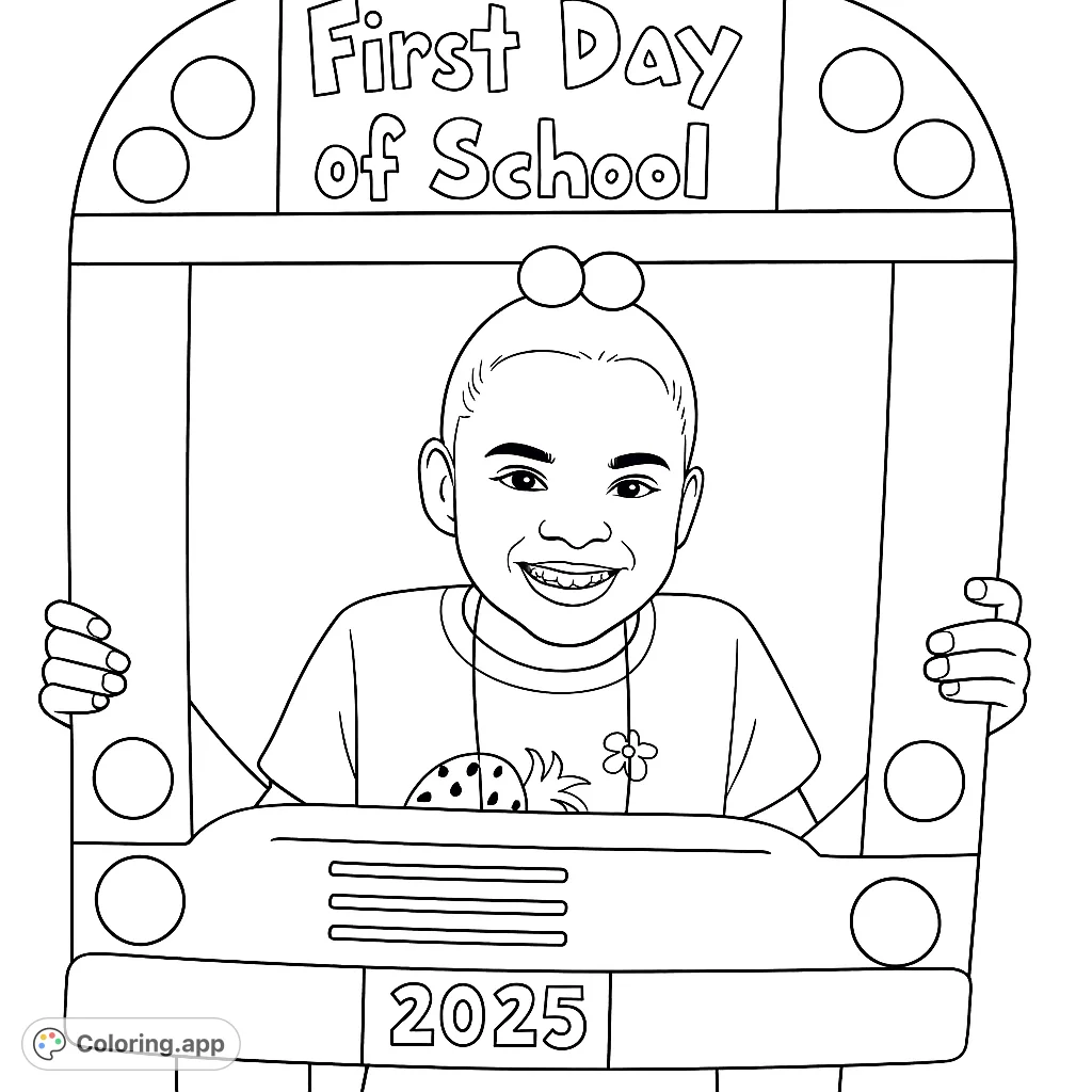 Celebrate the first day of school with this cheerful coloring page featuring a smiling child framed by a fun school bus cutout. Perfect for young students!