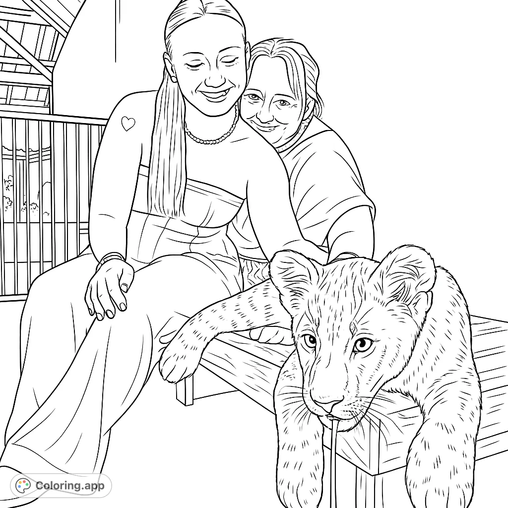 Capture a heartwarming moment with a lion cub, two individuals, and a wooden bench. A unique wildlife encounter coloring page.