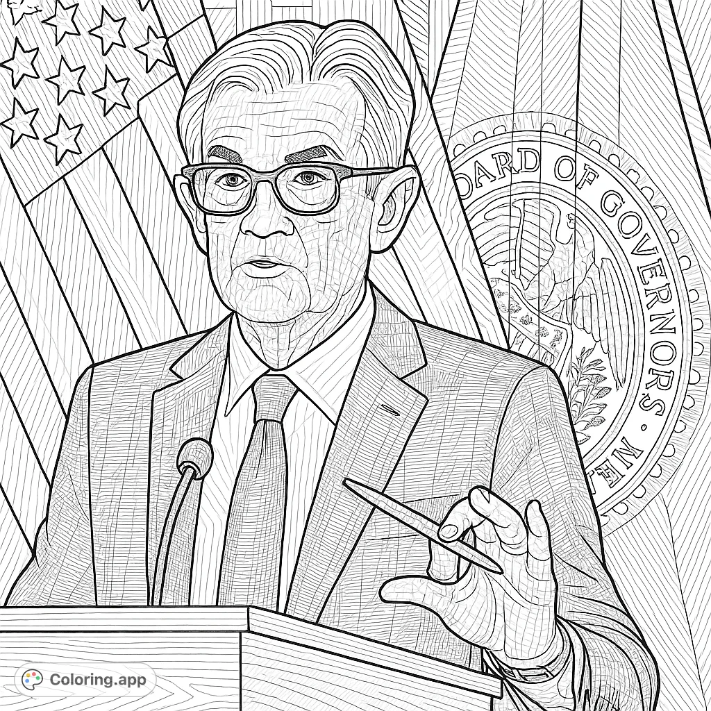 An intricate official address coloring page featuring a distinguished speaker at a podium with flags, perfect for detailed coloring and stress relief.