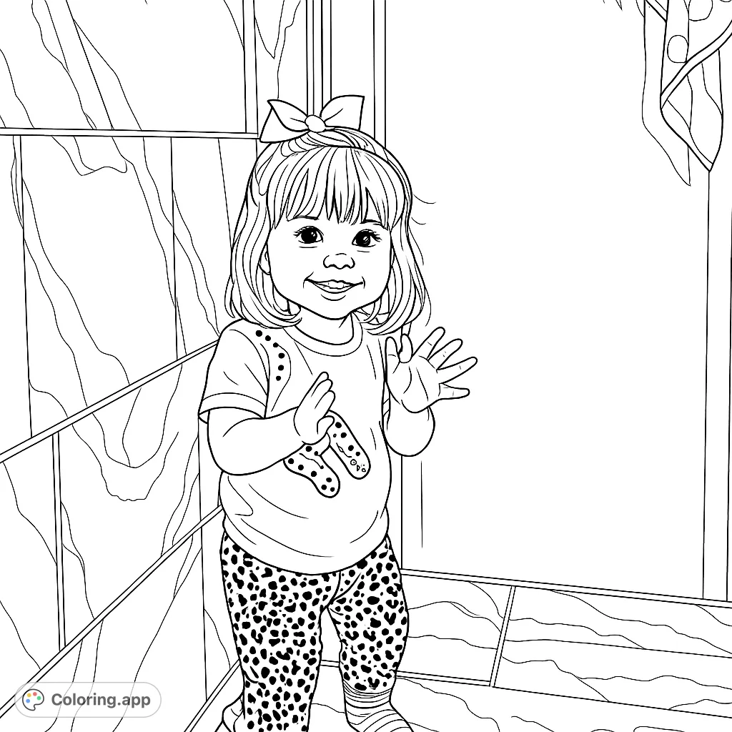 Capture the joy of a child clapping in this delightful coloring page. Features a happy child with a bow and patterned clothes, perfect for creative fun.
