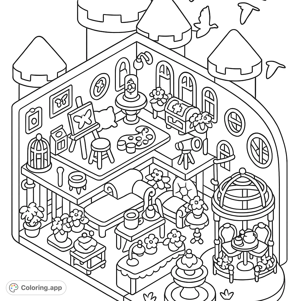 Explore a charming, whimsical castle home with cozy rooms, an art studio, and a delightful outdoor garden. A perfect free printable castle coloring page for creative fun!
