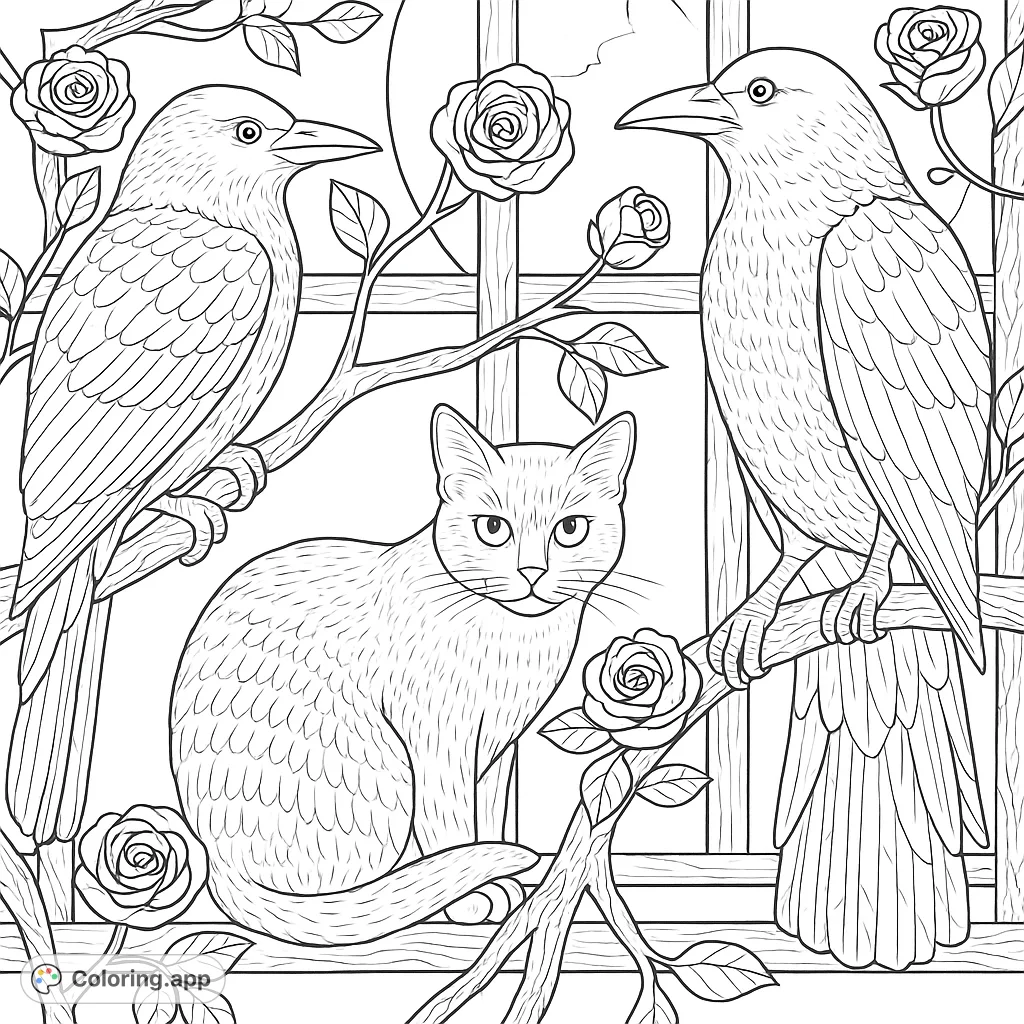 A captivating coloring page featuring a watchful cat and two majestic birds perched on branches adorned with roses, set against a moonlit window.